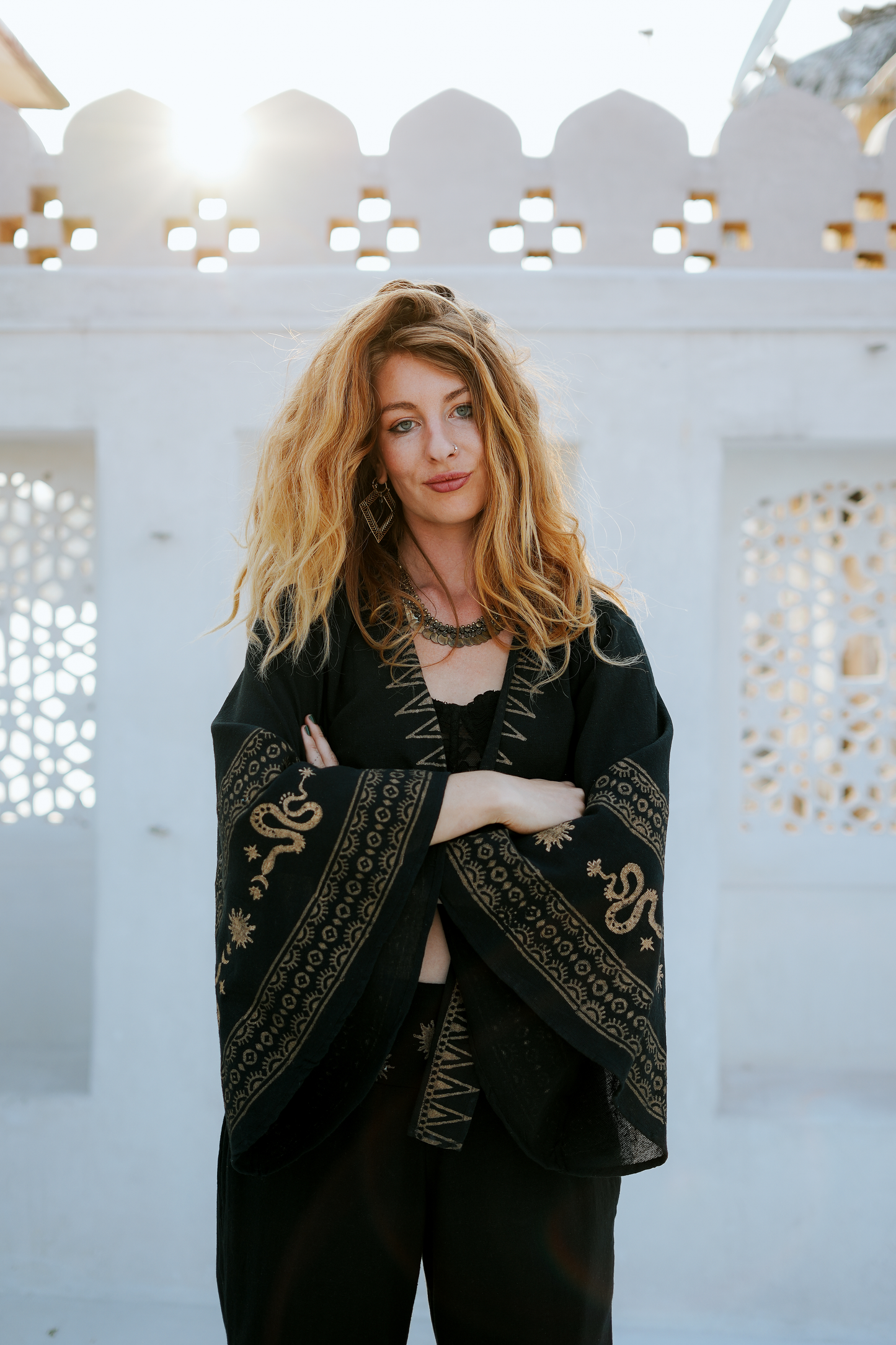 Serpentina-Wickeloberteil | Festival-Top | Blockdruck